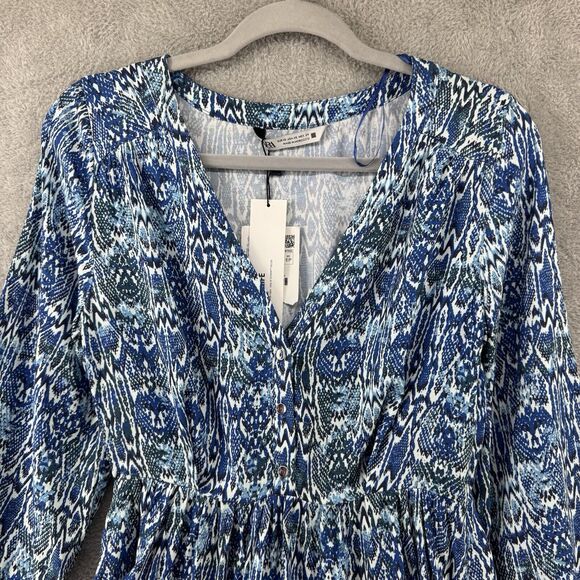 Zara Dress XS Blue White Animal Print Mini A-Line V-Neck Long Ballon Sleeves NWT - Picture 3 of 14